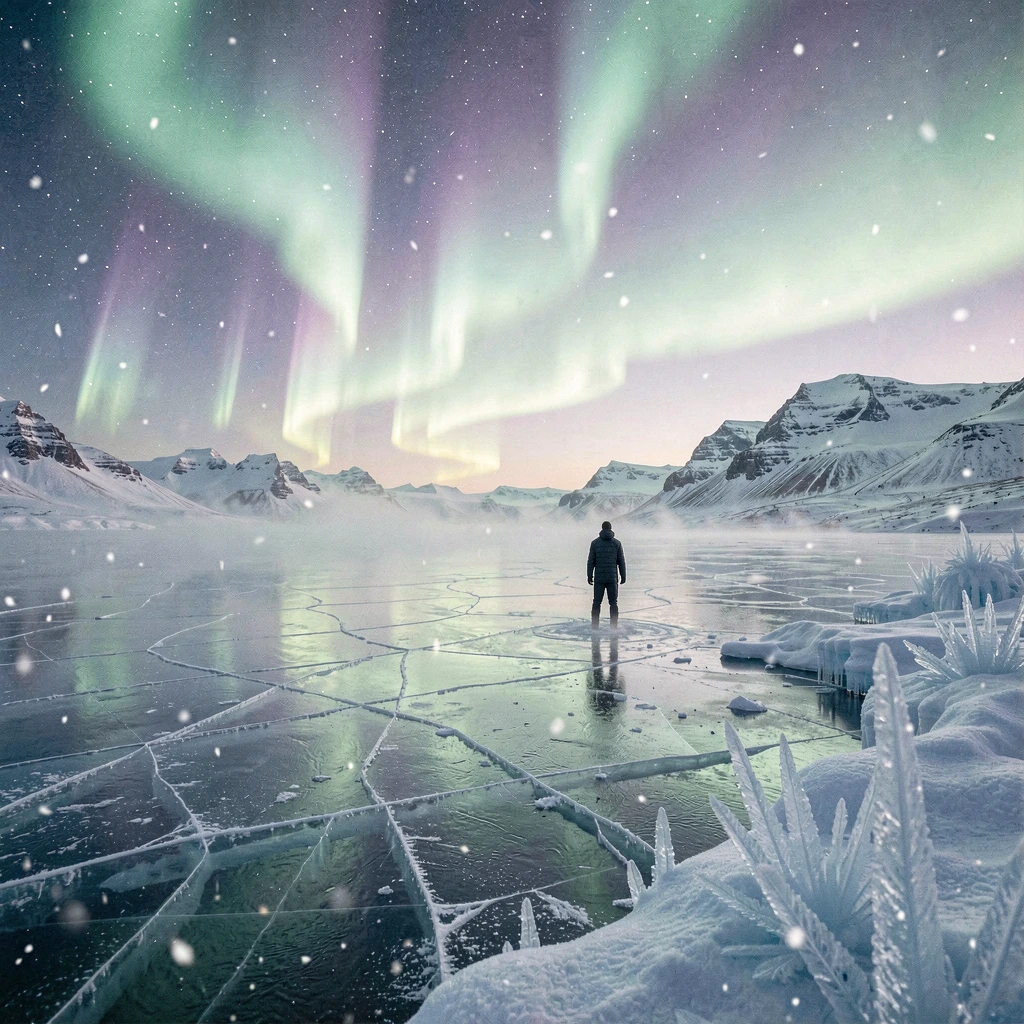 A solitary figure standing at the edge of a vast frozen lake under the dancing aurora borealis, ribbons of luminous green and violet light cascading across the star-filled sky and reflecting off the crystalline ice surface, distant snow-covered mount