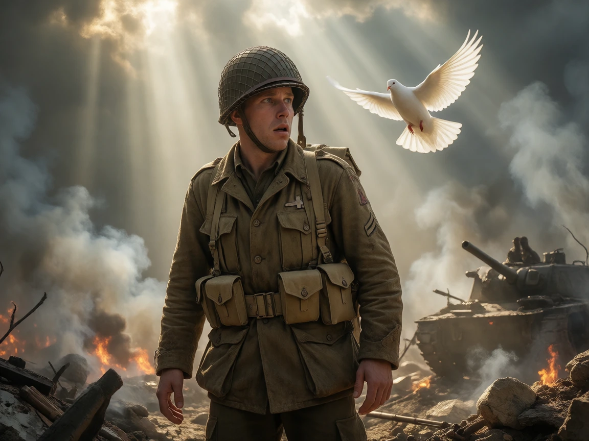 A fully equiped second world war allied soldier standing on the battlefield with tanks, explosions, scared expression on his face, sweating, backgroun