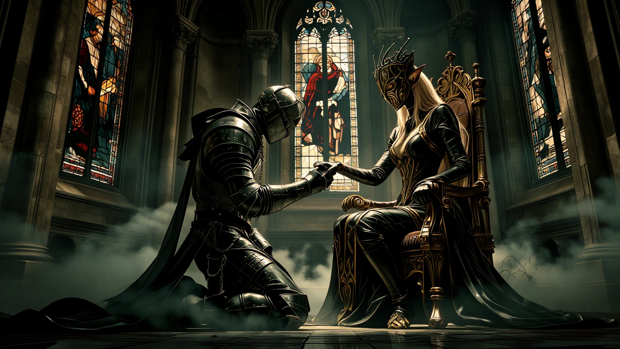 A photorealistic dark-armoured knight kneels solemnly before an imposing throne, his featureless helmet lowered in submission as swirling mist curls around obsidian floor tiles, facing a commanding queen clad in skin-tight black latex with golden fil