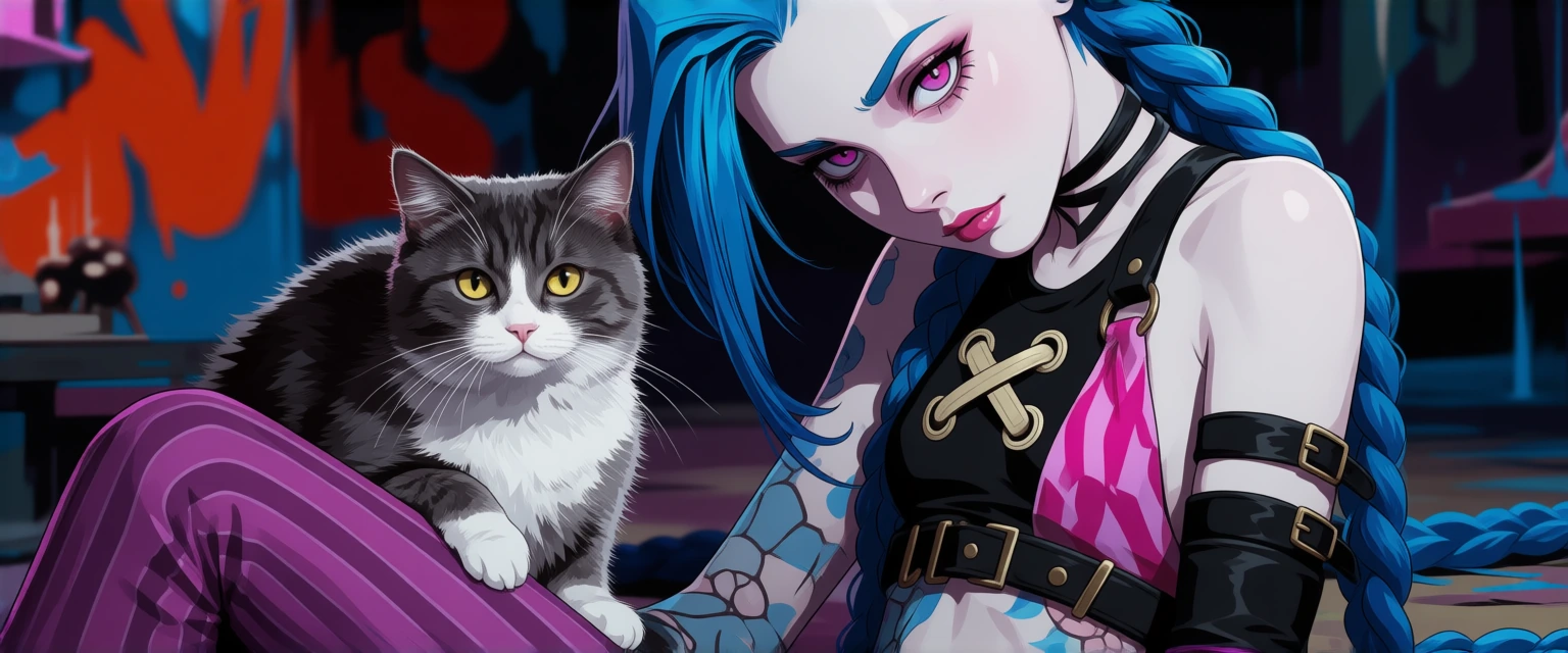 Gothic cyberpunk Jinx with her cat