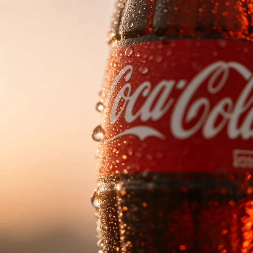 Ice-cold Coca-Cola bottle sweating in harsh midday sunlight, shot macro from the side so condensation beads catch direct light as bright points, shallow depth of field blurring the warm peachy-gold background into soft haze, a single droplet mid-fall