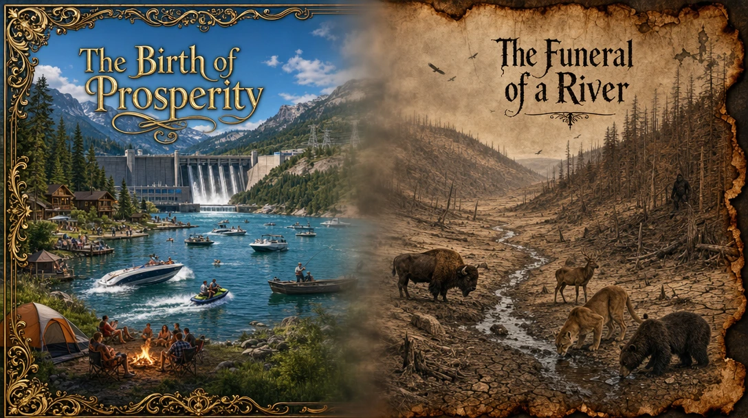 the funeral of a river; Composite picture; a lake/reservoir & Hydro-Electric Power created by damming a once mighty river. The lake is a place of great joy, many people enjoying cabins and camping on the shore, powerboats, jet skies and fishing on th