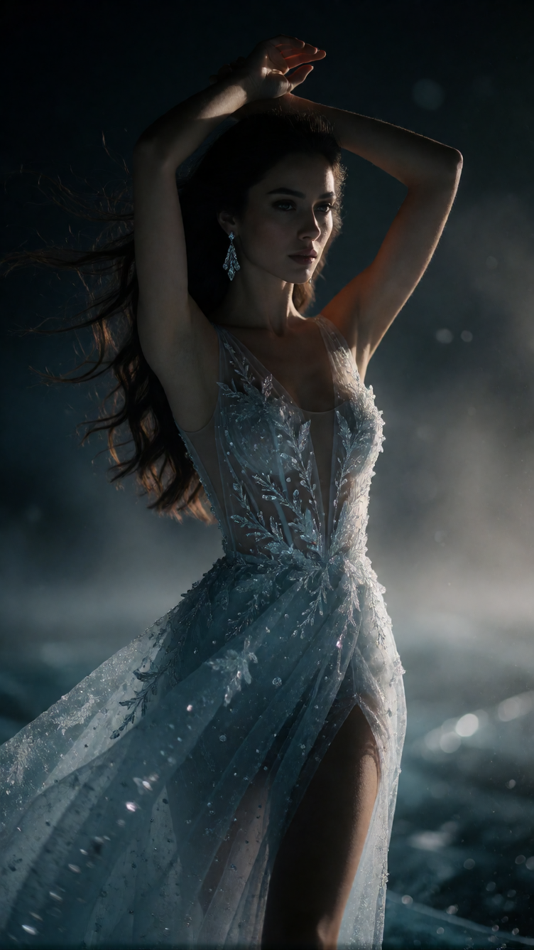 Hyper-realistic cinematic fashion portrait of a poised woman in a crystalline silver gown, standing on fragile black ice at the exact moment before it cracks. Three-quarter vertical composition, arms raised, long dark hair whipping in frozen wind, di