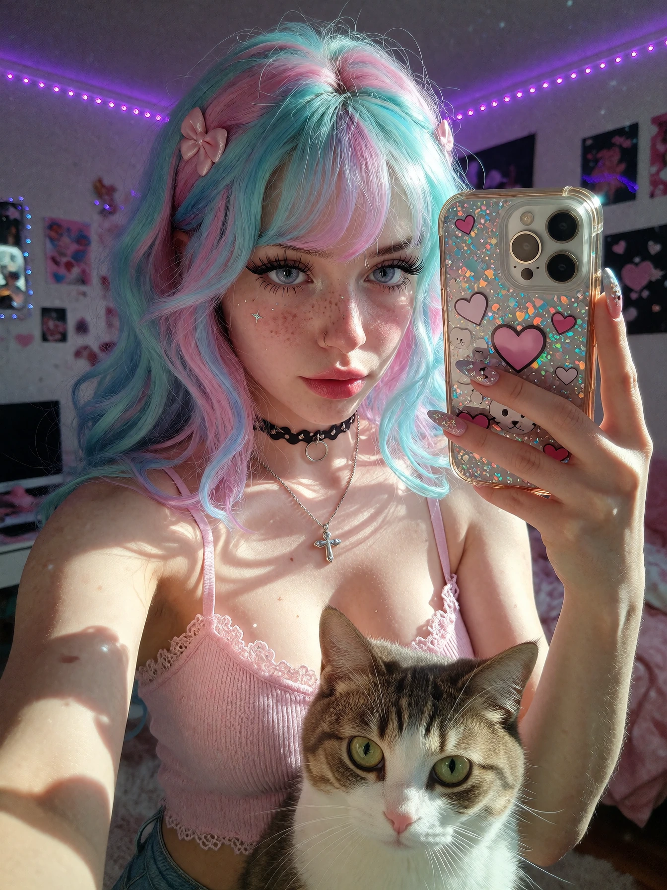 Crazy girlfriend pastel hair taking a selfie with her cat