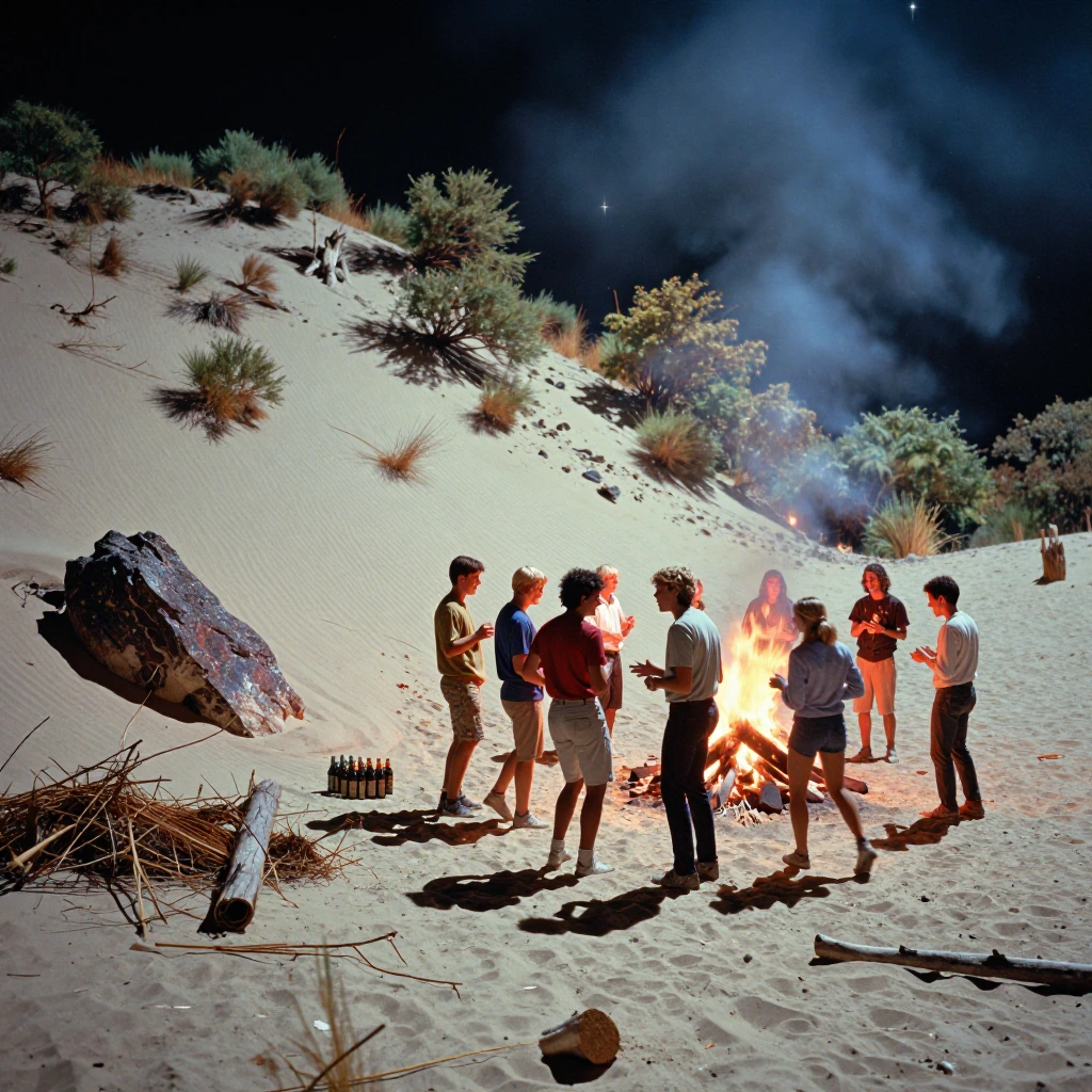 midwestern sand dune at night with a bonfire, young people in 90s clothes mostly standing and moving around the fire in loose energy, some in conversa