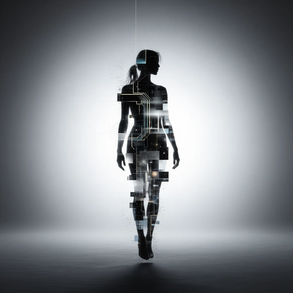 A solitary figure suspended in an infinite void—half dissolved into geometric abstraction, half rendered in photorealistic detail—caught at the exact midpoint between form and formlessness. Shot with intentional double exposure: a human silhouette la