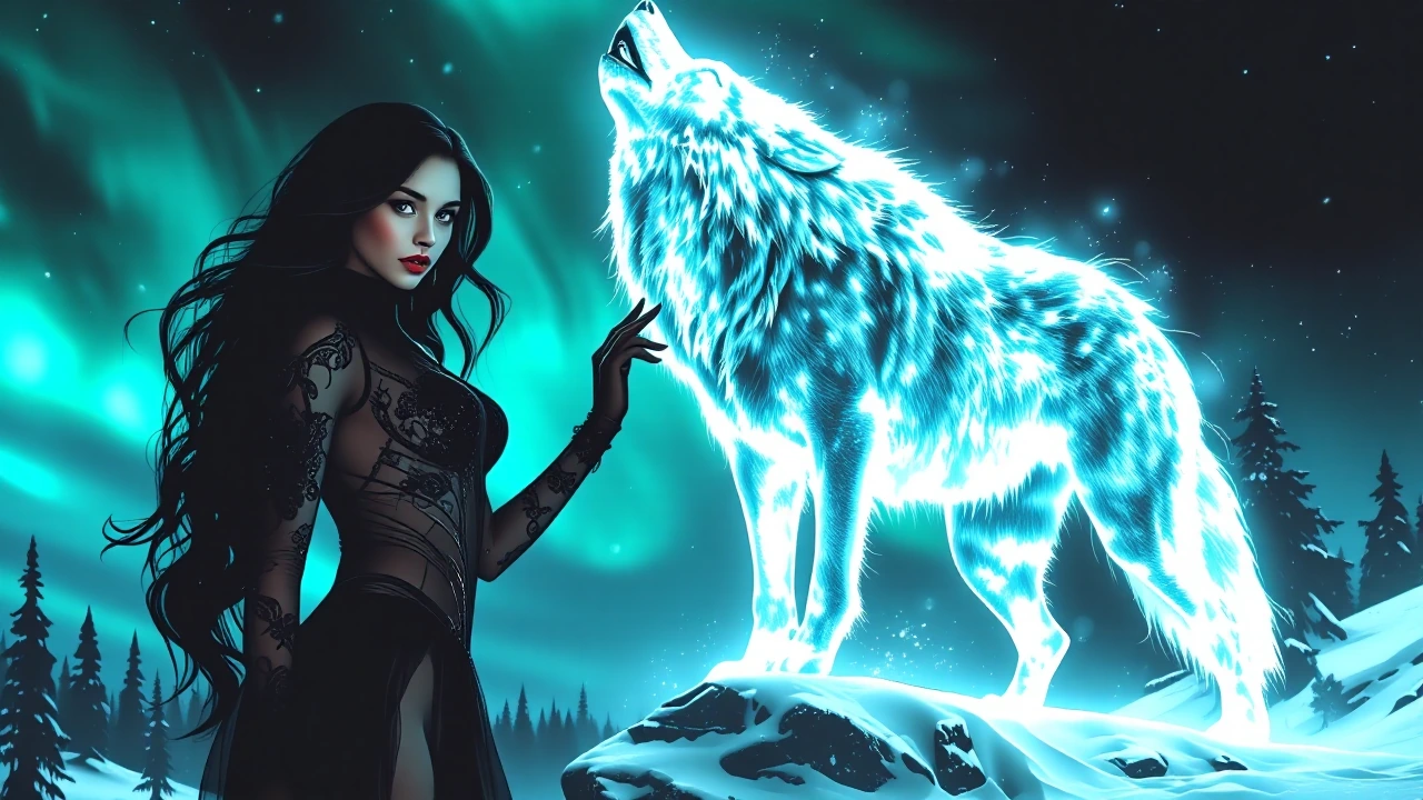 8K Ultra-HD photorealistic, Sexy young woman with long wavy black hair, glossy lips, curvy hourglass body, wearing a sheer black lace bodysuit. Standing on snowy ridge beside a giant wolf made of swirling green/cyan northern lights. Wolf howls into s
