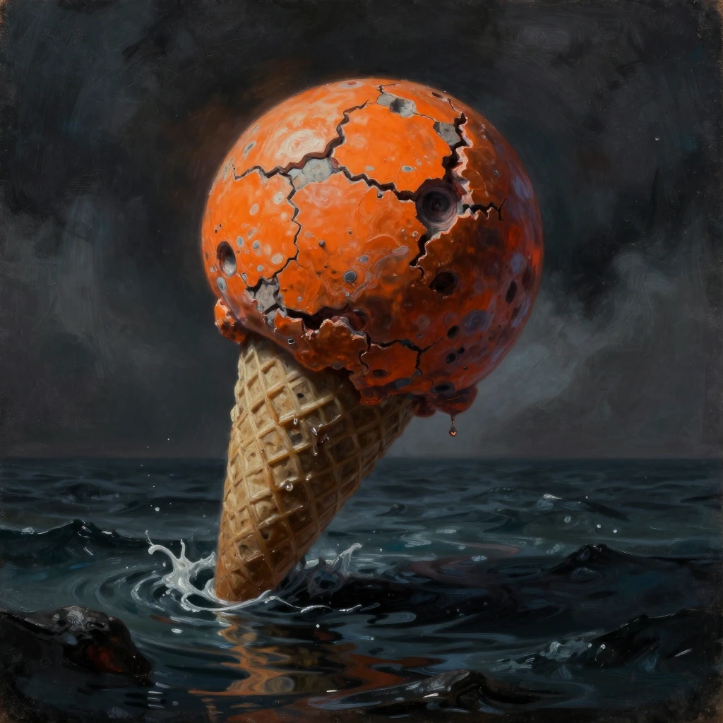 A surrealist oil painting depicting a cracked and corroded orange asteroid floating above a dark, choppy sea. At its base lies an inverted, jagged stone monolith, from which viscous fluids are flowing. The whole resembles an ice cream cone; a single