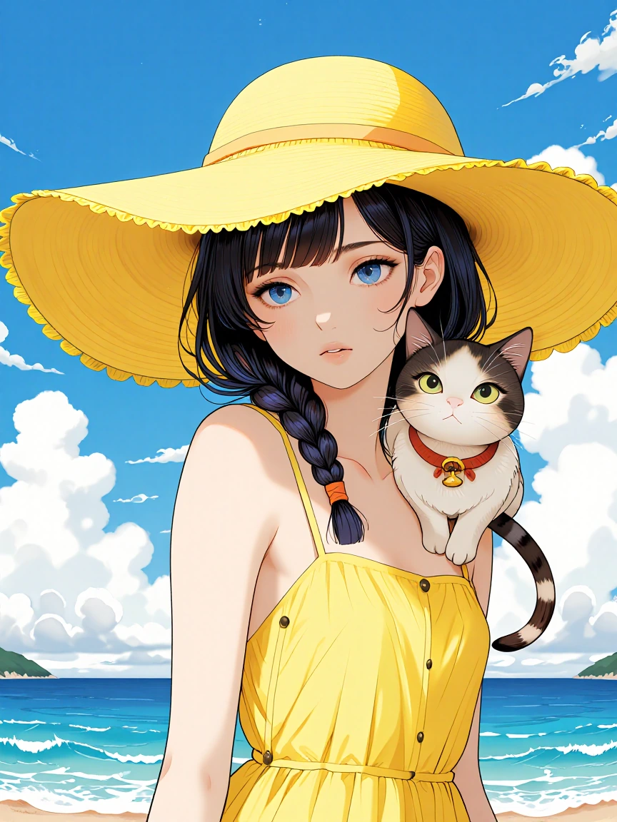 Woman blue eyes in large yellow floppy hat, with cat, sunny day, yellow minidress sundress, ocean