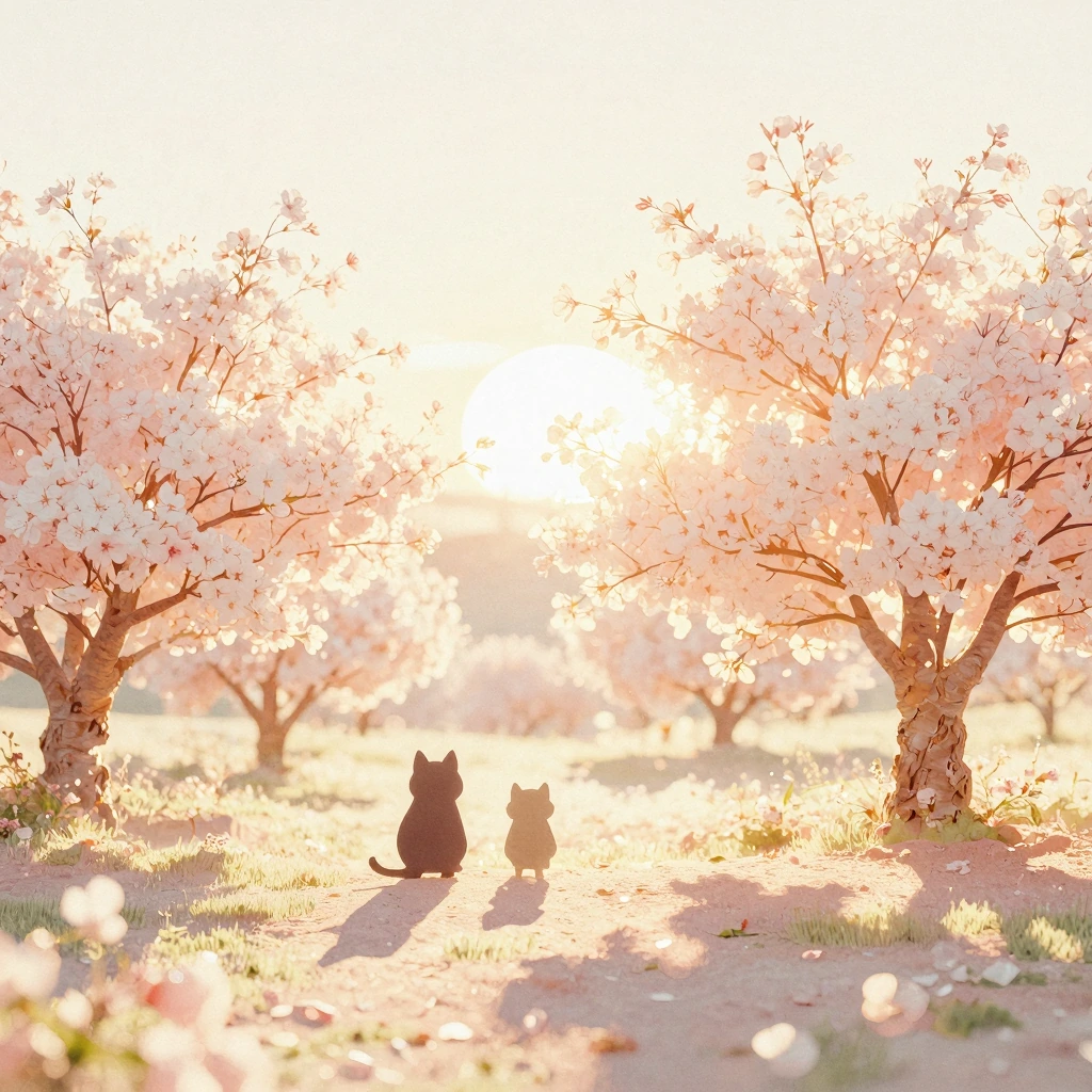 Golden hour sunlight casting warm peach and buttercream tones across a dreamy landscape with blooming cherry blossom trees and kawaii animal silhouettes, watercolor aesthetic