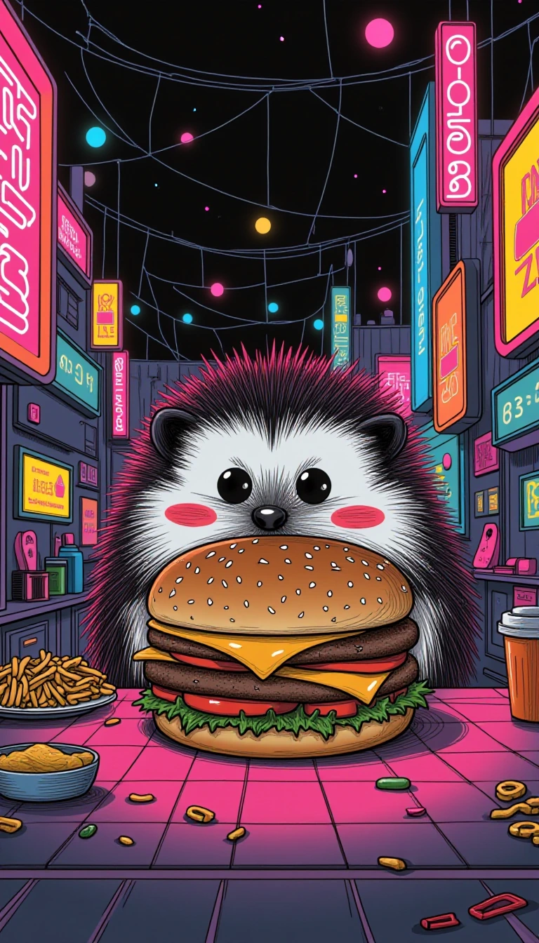 Very fat hedgehog about to eat the biggest cheeseburger ever