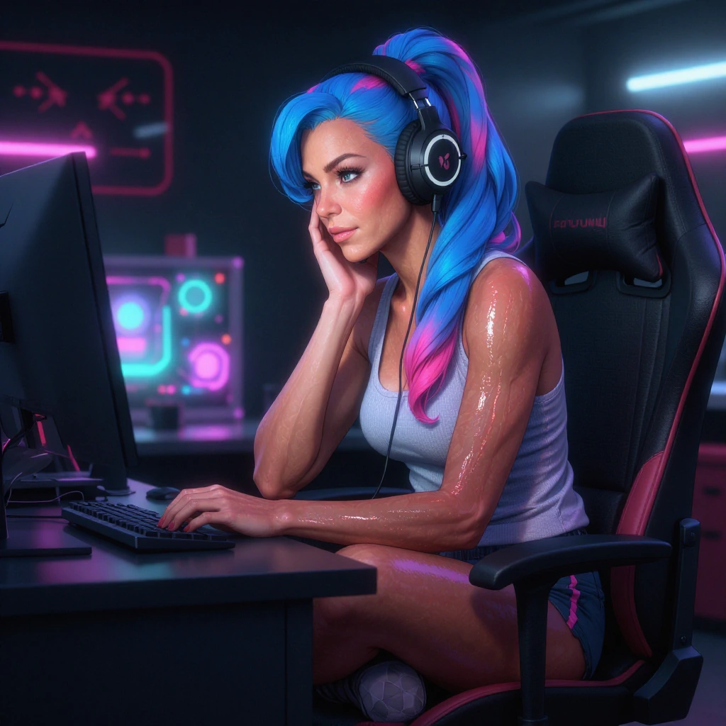 a mature woman with long blue hair and pink lowlights swept to one side, sitting cross-legged in a gaming chair at night, wearing headphones and a tank top with fabric shorts, leaning slightly toward her monitor with focused intensity, soft neon glow