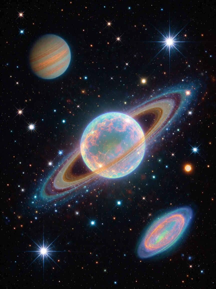 All opalescent, planets stars lights comet