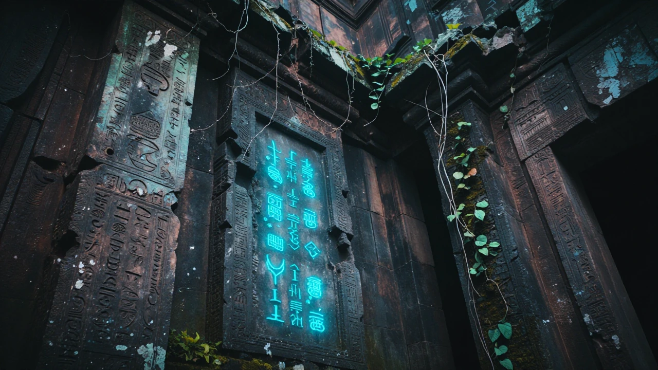 close-up of ancient stone ruins from a low upward angle, intricate hieroglyphic carvings and artifact-like text covering weathered temple walls, vines creeping through cracks, moss and lichen coating the surface, moody dark atmospheric lighting with 