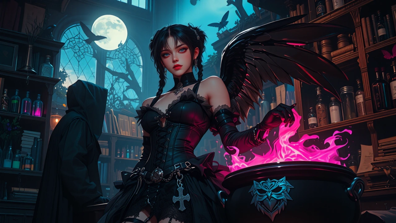 In the heart of a forgotten village, beneath a midnight moon veiled by drifting storm clouds, stands a shadowy apothecary steeped in mystery and forbidden magic. At its center is an enchanting brunette woman with long pigtail braids, her dark hair wo