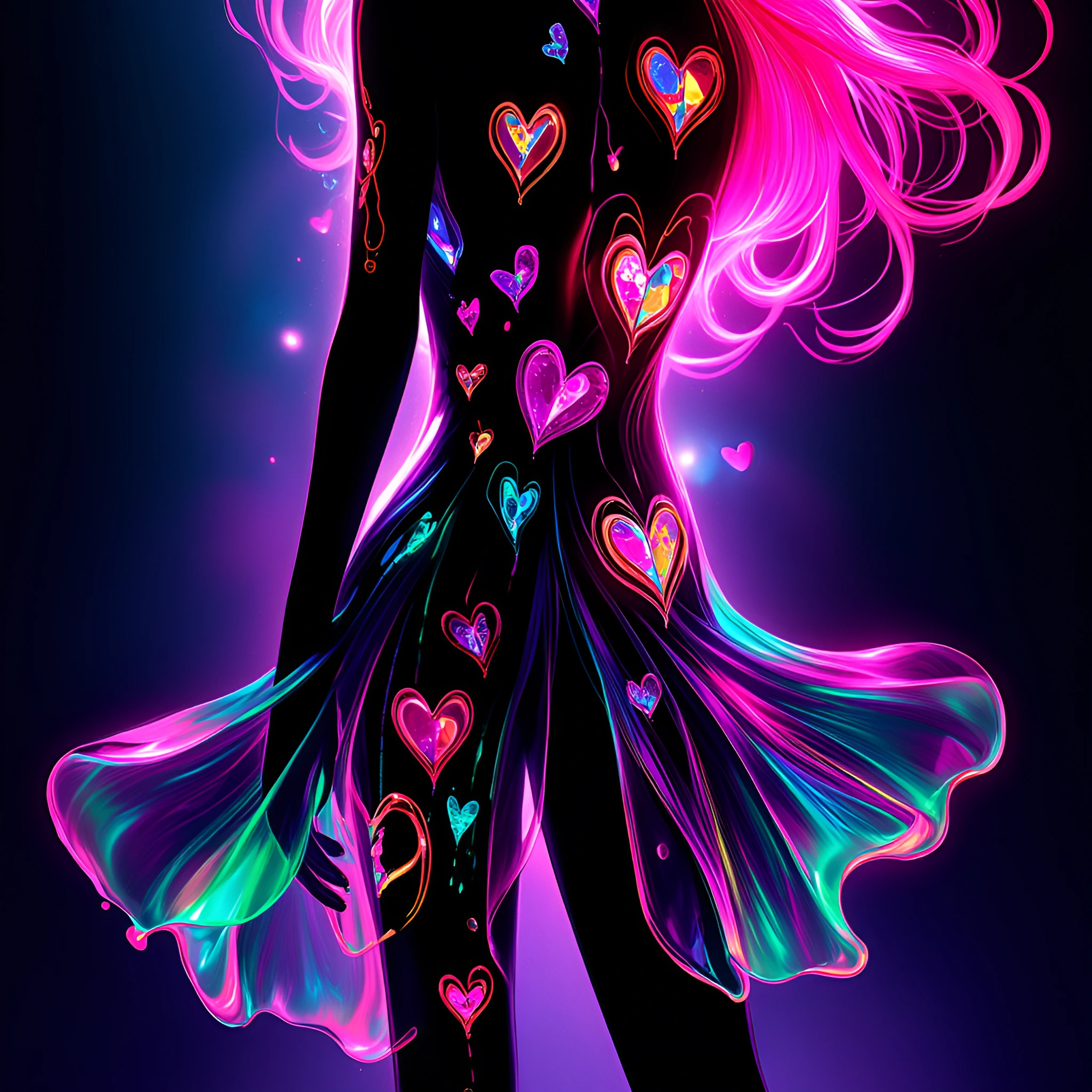 woman in black dress with heart print leggings, ethereal supernatural color palette, chromatic aberration rippling across fabric edges, iridescent hea