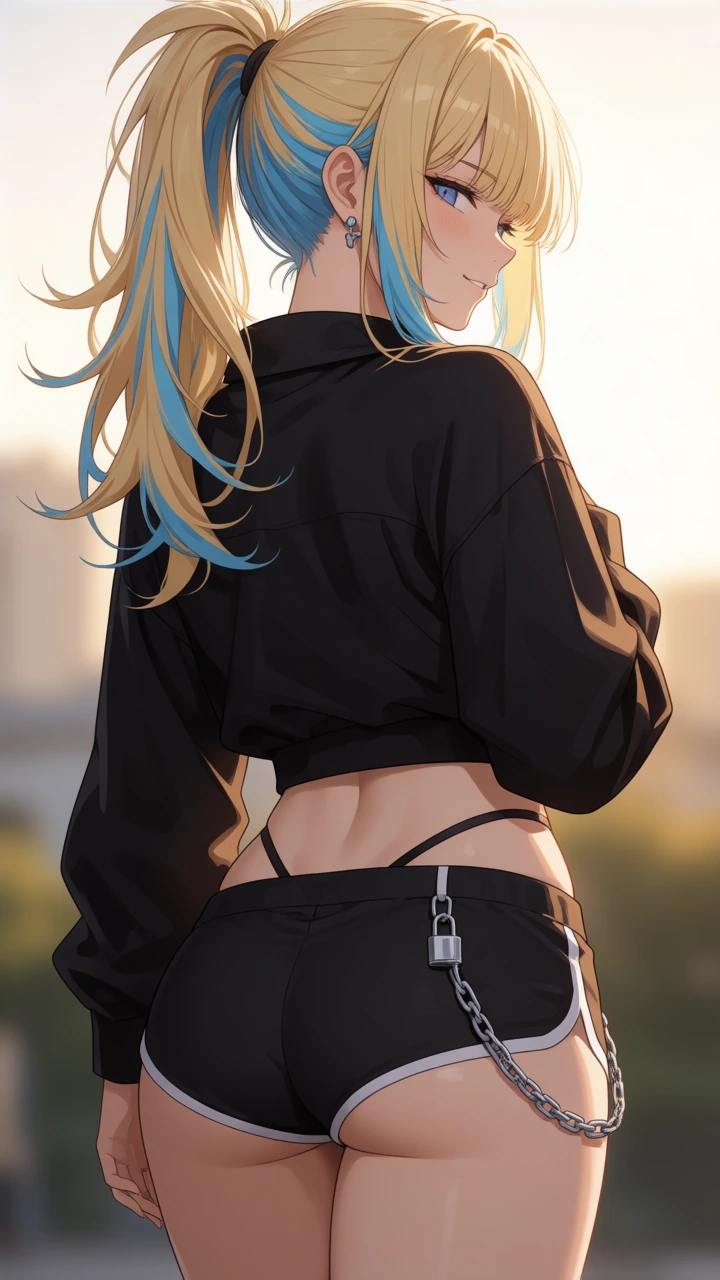 Character portrait from behind: Alexis Sterling in golden-hour backlighting, long blonde hair with cyan streaks pulled into a high messy ponytail, glancing over her shoulder with a knowing smirk. Black low-rise shorts with white trim, single silver-p