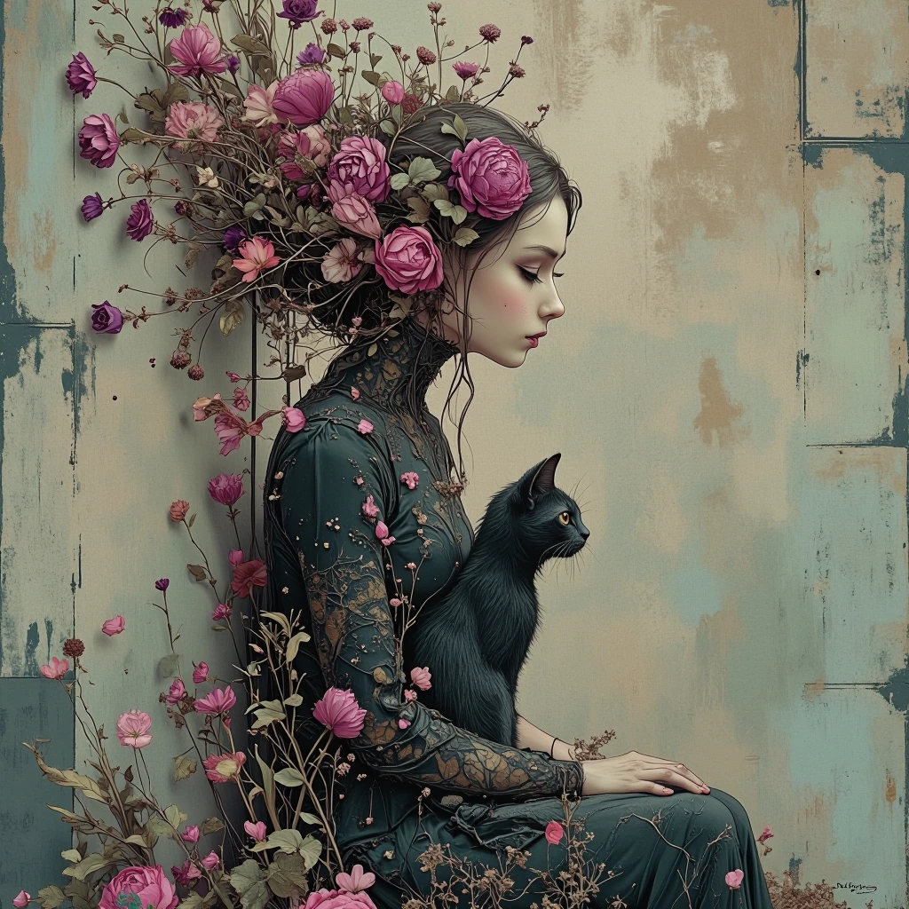 A hauntingly beautiful woman with her tiny cute cat seated with knees drawn up against a weathered wall, adorned with wilted dead flowers woven throug