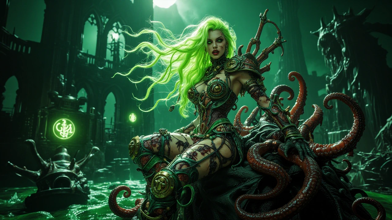 A striking female supermodel with neon-green hair cascading in wild, glowing strands poses defiantly atop a decaying battlefield, her ornate armour fu