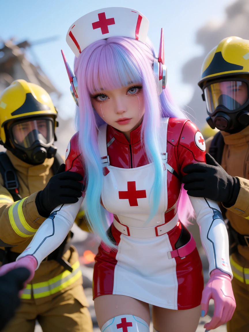 Futuristic nurse multi pastel ombre hair, helping first responders at a disaster scene. emotional scene. airbrushed manga daz3d