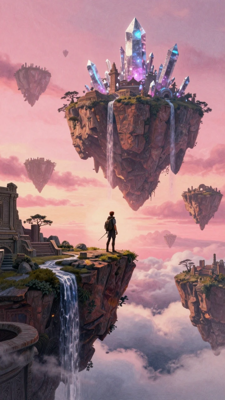 Epic 9:16 vertical fantasy scene, lone wanderer standing at the edge of a floating island with ancient ruins and glowing crystals, other islands drifting in the pink sunset sky connected by waterfalls, soft clouds far below, cinematic noir lighting,