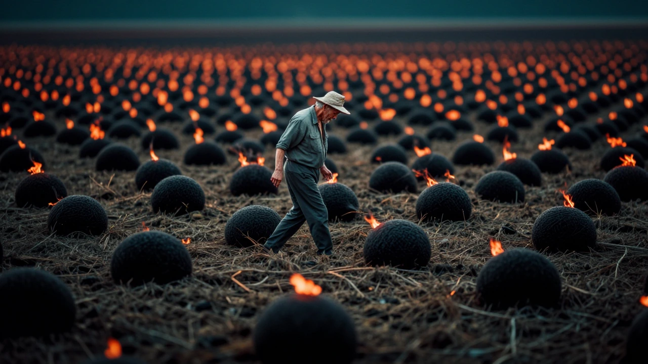 old man farmer walking in an open field filled with round weakly burning black sphere embers