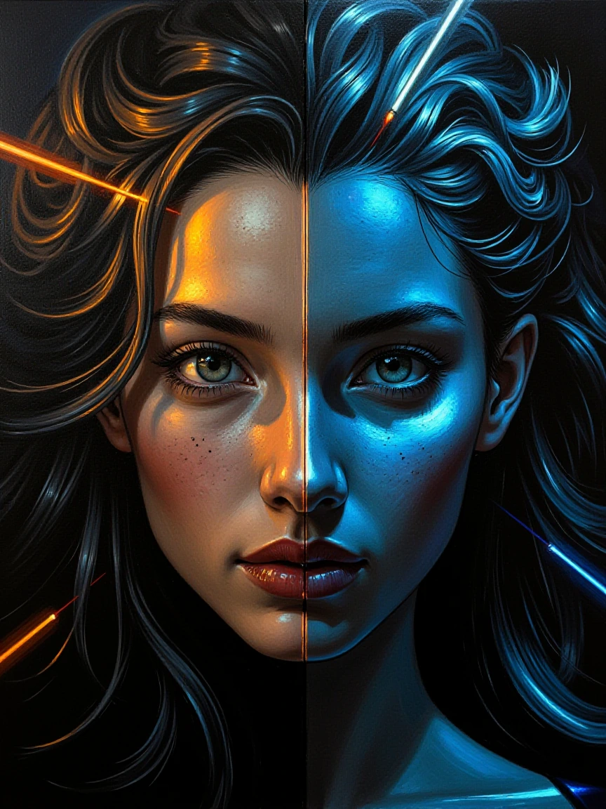 Dichotomous tableau depicting verisimilitude contra algorithmic constructs, oil on canvas aesthetic, chiaroscuro demarcation bisecting composition, organic impasto texturing on sinister panel juxtaposed against pristine digital luminescence on dextra