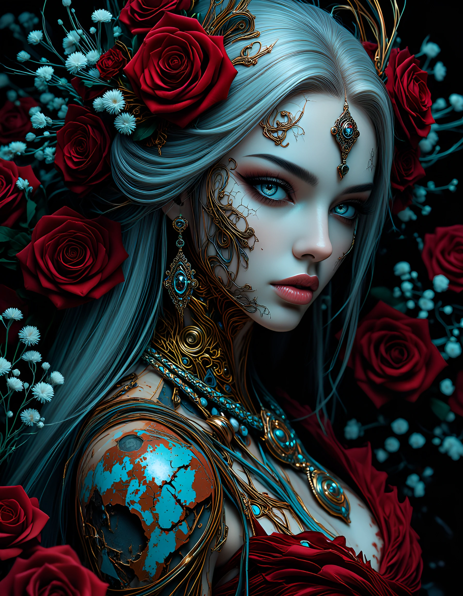 A hyper-realistic fantasy portrait of a beautiful woman surrounded by dozens of red roses and white baby's breath flowers. She has long, flowing silve