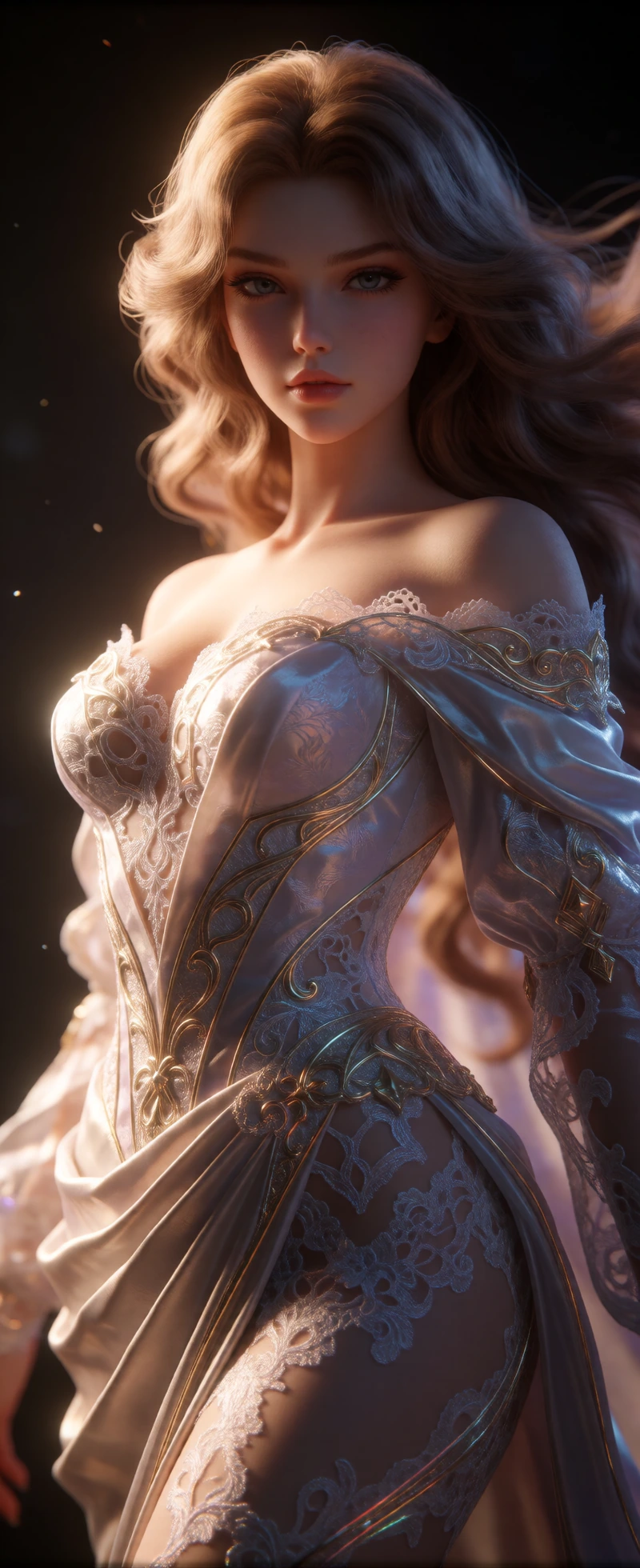 Ultraphotorealistic, hyperdetailed, fullbody image of a young beautiful princess in a powerful, confident pose. Cinematic realism, sensual dominance conveyed through body language, posture. She stands with subtle hip tilt and arched spine, shoulders