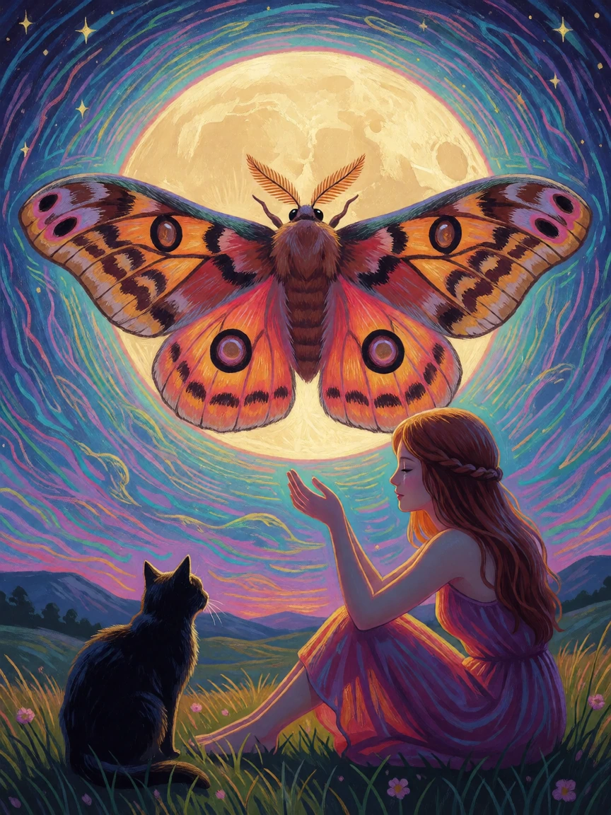 a moth that mistook the moon for home, luminism, woman and cat, colorful surreal
