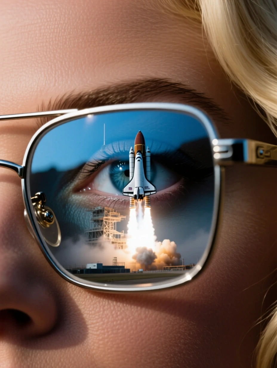 Super close up of a blonde bombshell's ice blue eye wearing square steel rimmed corrective eye glasses with a reflection of a Space-X Spaceship lifting off visible upon the reflective glass.