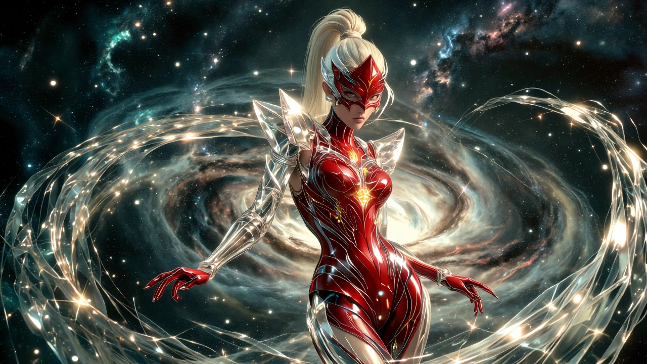 A striking high ponytail blonde high-fashion model stands confidently in a dynamic pose, wearing a form-fitting crimson latex bodysuit intricately adorned with glowing golden arcane symbols, her lower face concealed by a sleek crimson mask that merge