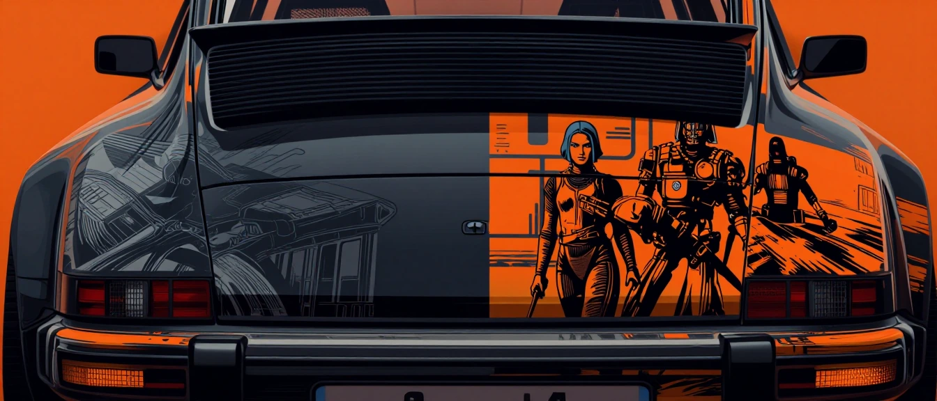 A close-up of the rear part of a real-world modified Porsche 911, featuring dual concept art, utilizing a style that combines Star Wars comics and prints, with a orange and black color scheme on a orange background