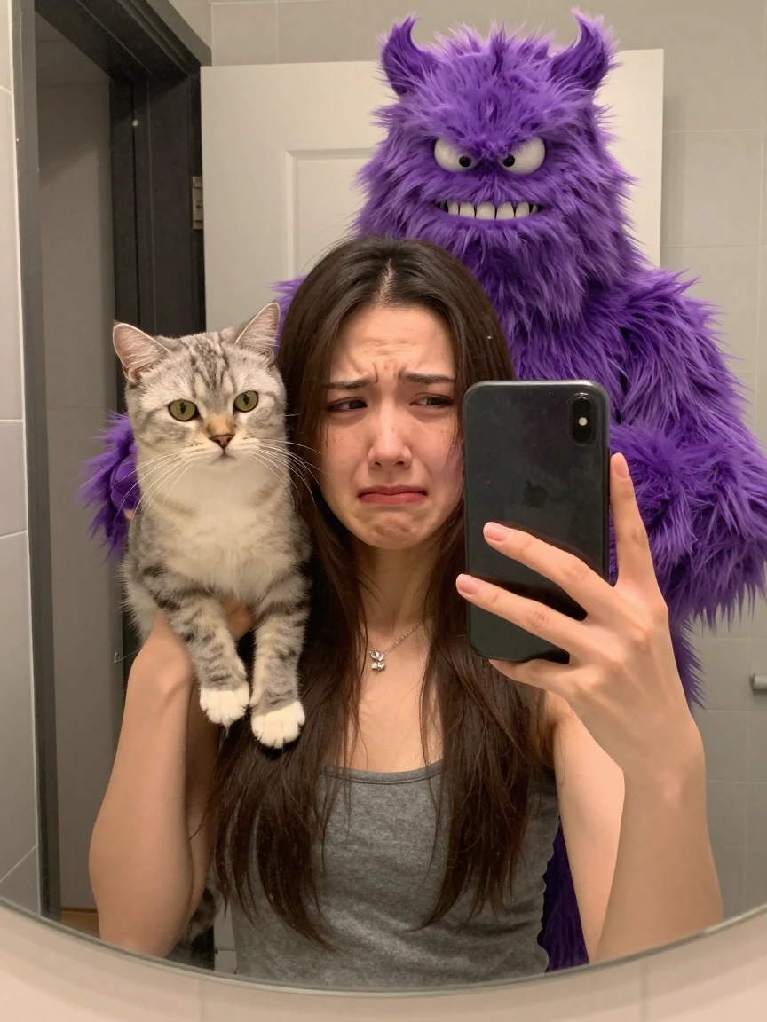 A realistic but slightly absurd scene of a crazy girlfriend with her cat taking a selfie in a bathroom mirror, her expression crying and sad , her cat perched on her shoulder, and a purple furry funny looking monster photobombing from behind with jus