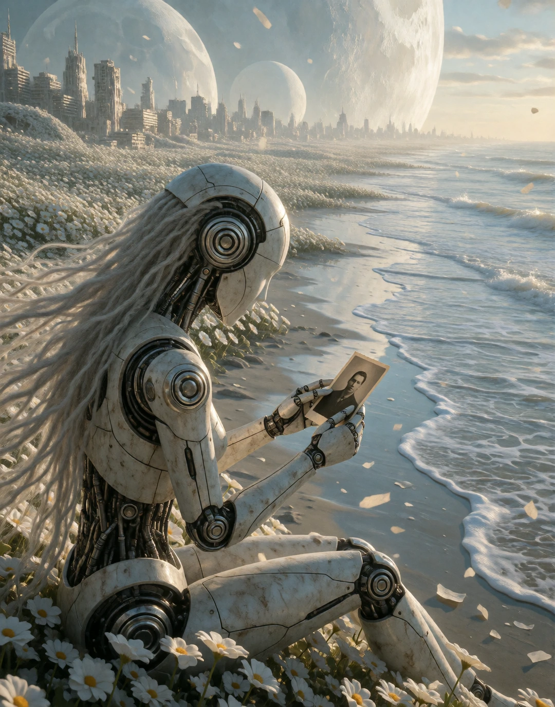 A breathtaking cinematic fine-art scene of a humanoid female robot sitting alone at the edge of an enormous abandoned ocean, her mechanical body weathered and beautifully aged, subtle oxidation and scratches revealing decades of existence. She is hol