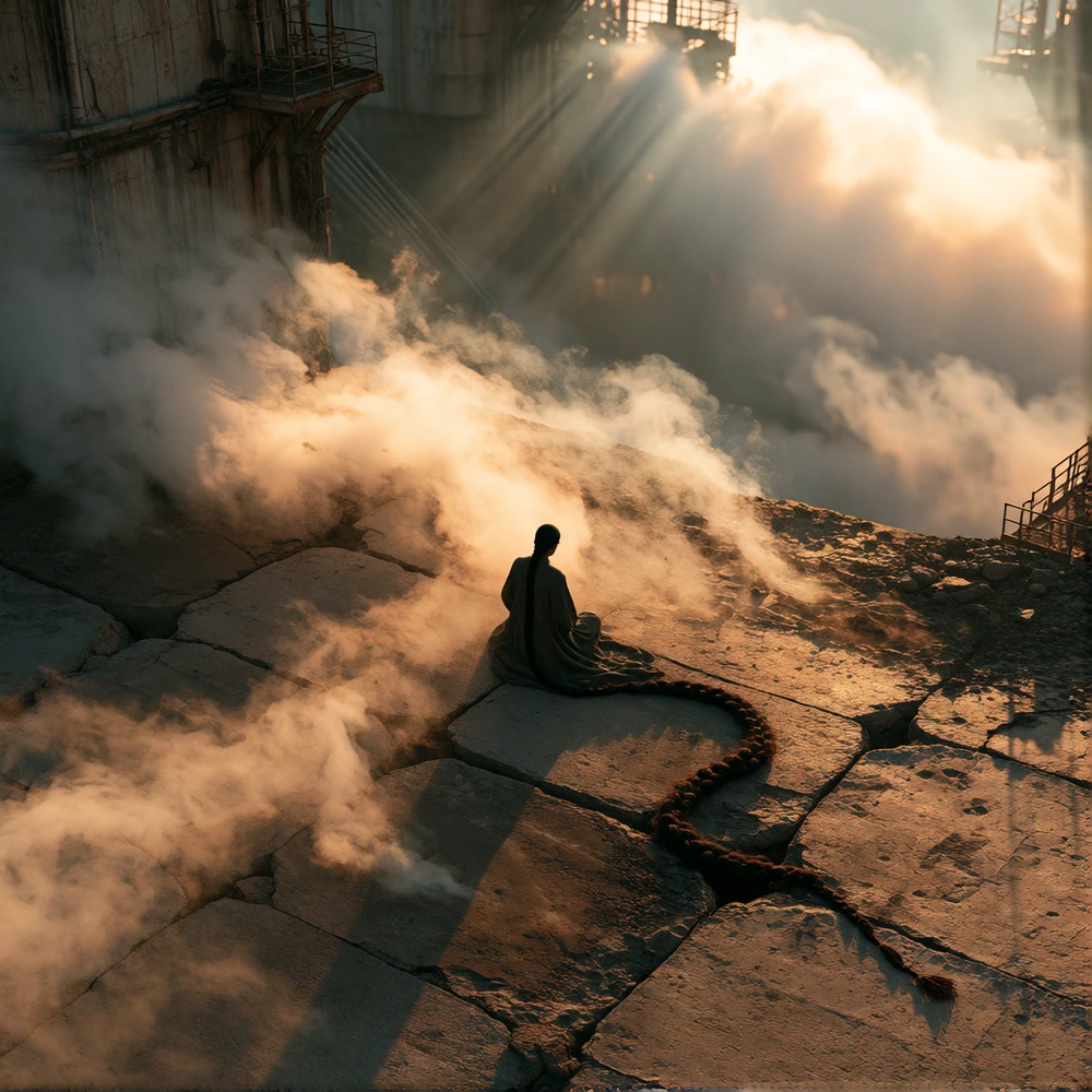 Extreme top-down aerial drone shot plunging through a suffocating veil of thick, ochre-tinted industrial smog, where shafts of sickly golden light struggle to pierce the chemical haze. Below, a solitary twenty-year-old South Asian woman sits motionle