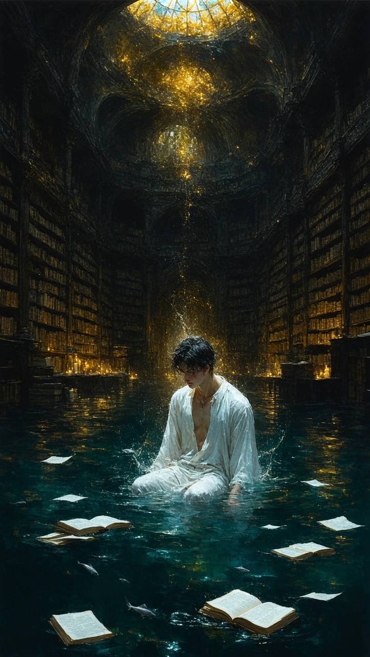 A solitary young man kneeling in a flooded classical library at twilight, water rising to his waist as ancient leather-bound books float and slowly dissolve into glowing ink. His soaked white shirt clings like second skin, revealing intricate anatomi