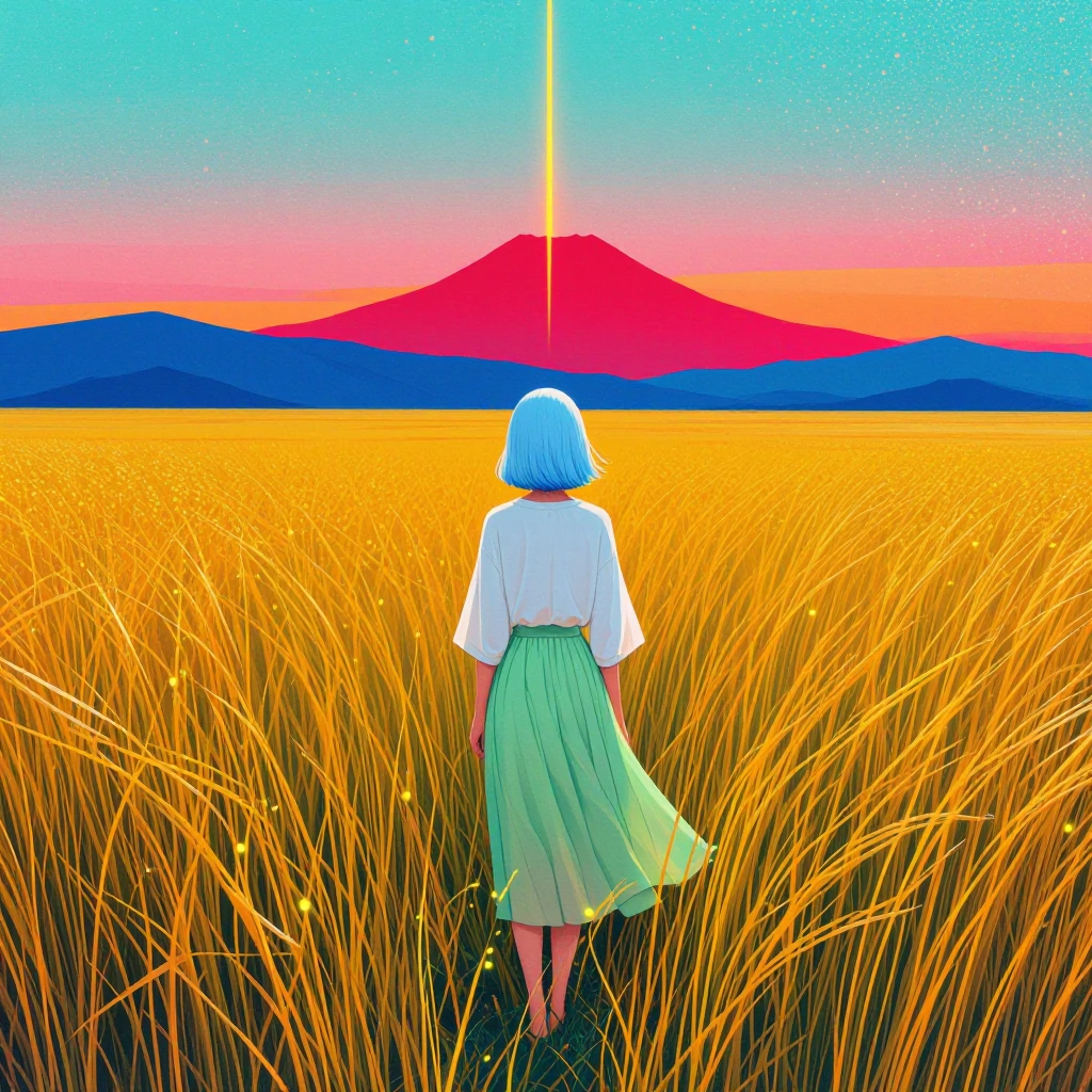 stankatayamaniji6q illustration. Back view of a woman with short, chin-length pale blue hair standing amidst a vast field of tall, vibrant golden-yellow grass. She wears a minimalist white wide-sleeved blouse and a flowing light green ankle-length sk