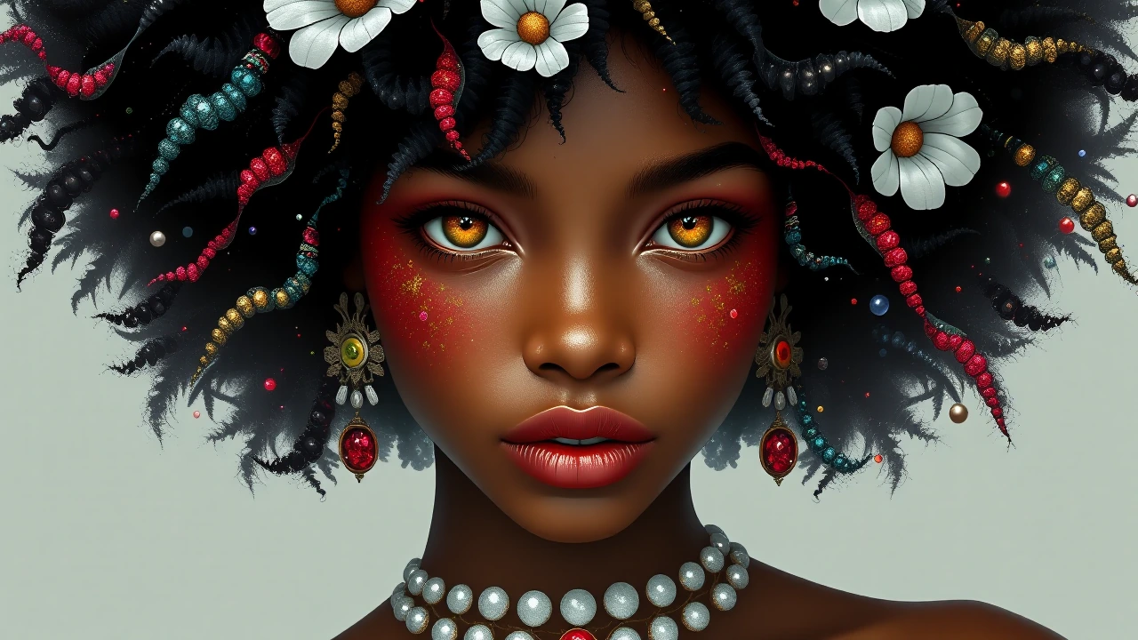 afro,dark,fluffy hair,black hair,NIJI,beautiful girl,semi-realistic style,girl,golden-blonde hair,ash-gray hair,light mint-green hair,pastel pink hair,peach-coral hair,jet-black hair,deep red-auburn hair,chocolate-brown hair,platinum-silver hair,fier
