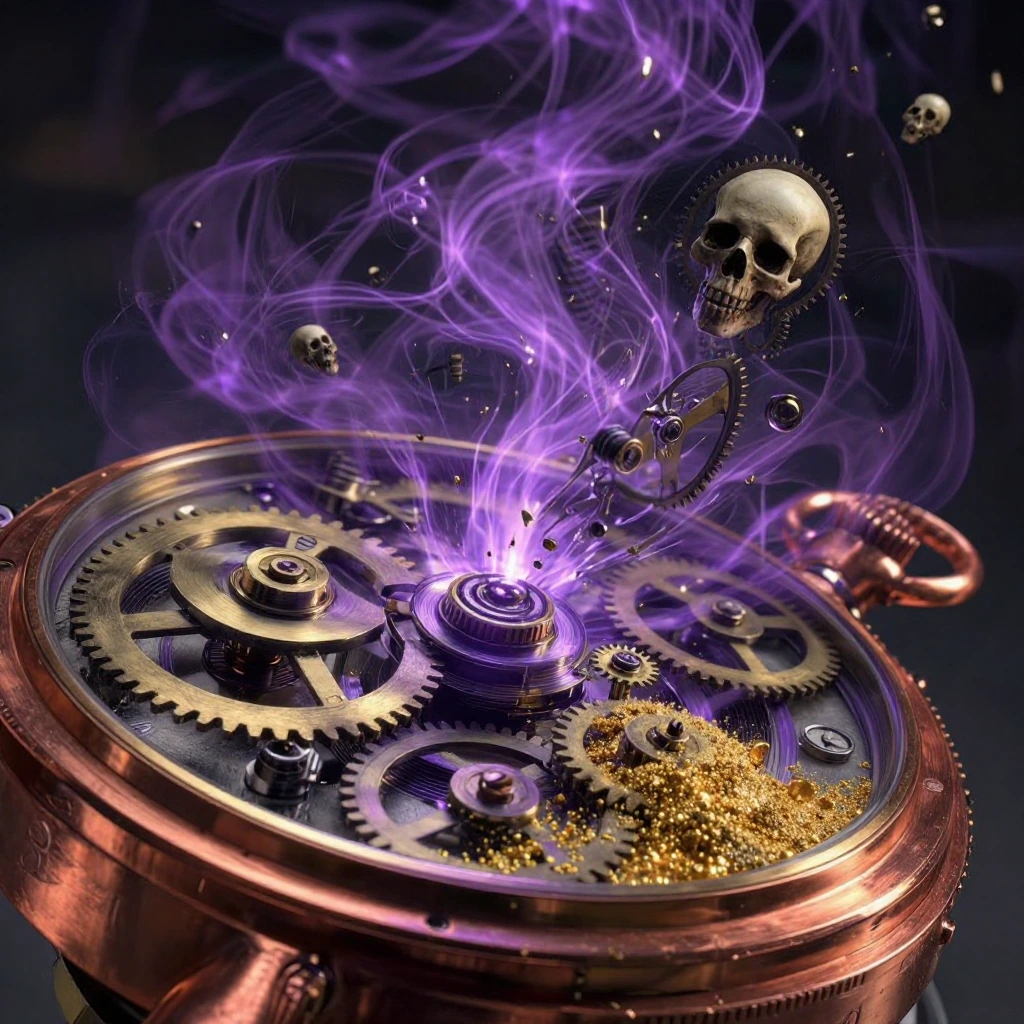 Extreme close-up macro shot of an antique watch mechanism made of solid copper and brass, exploding into a spiral of violet steam and liquid gold; the