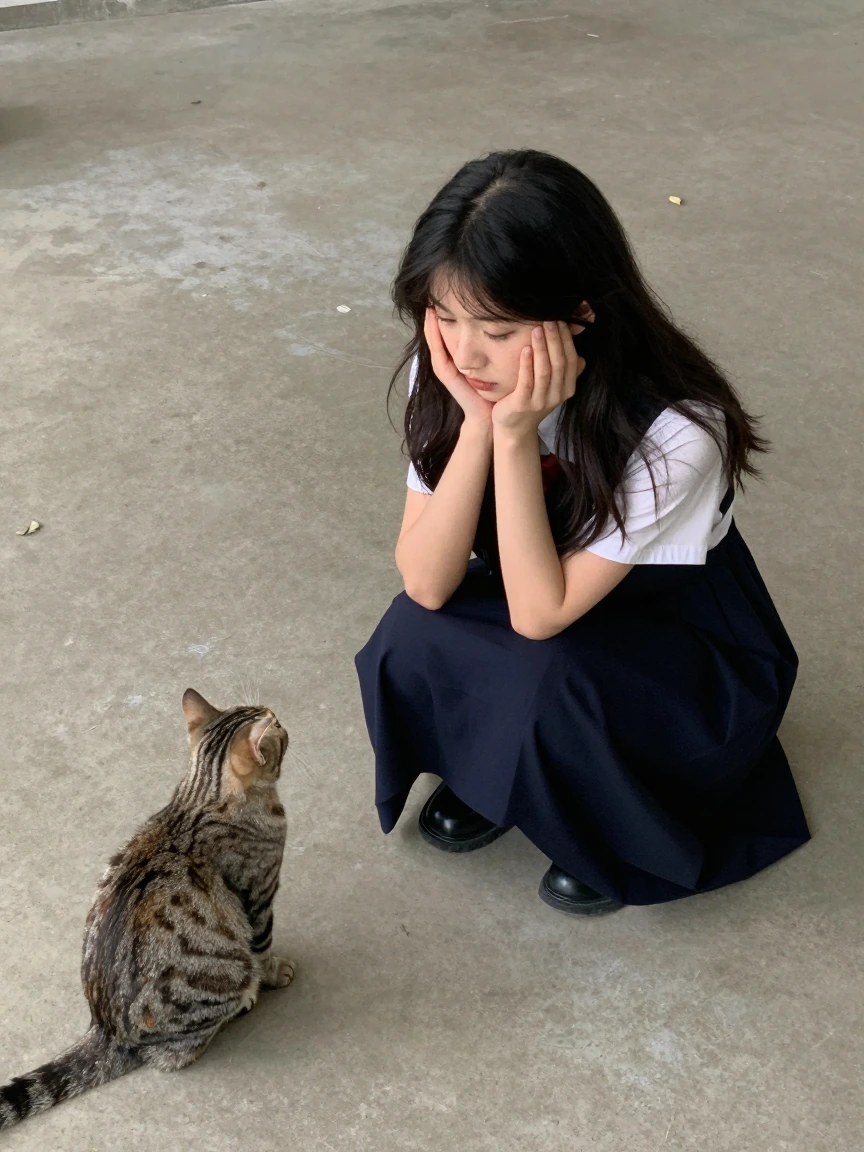 Surreal Girl and cat, what loneliness looks like from above