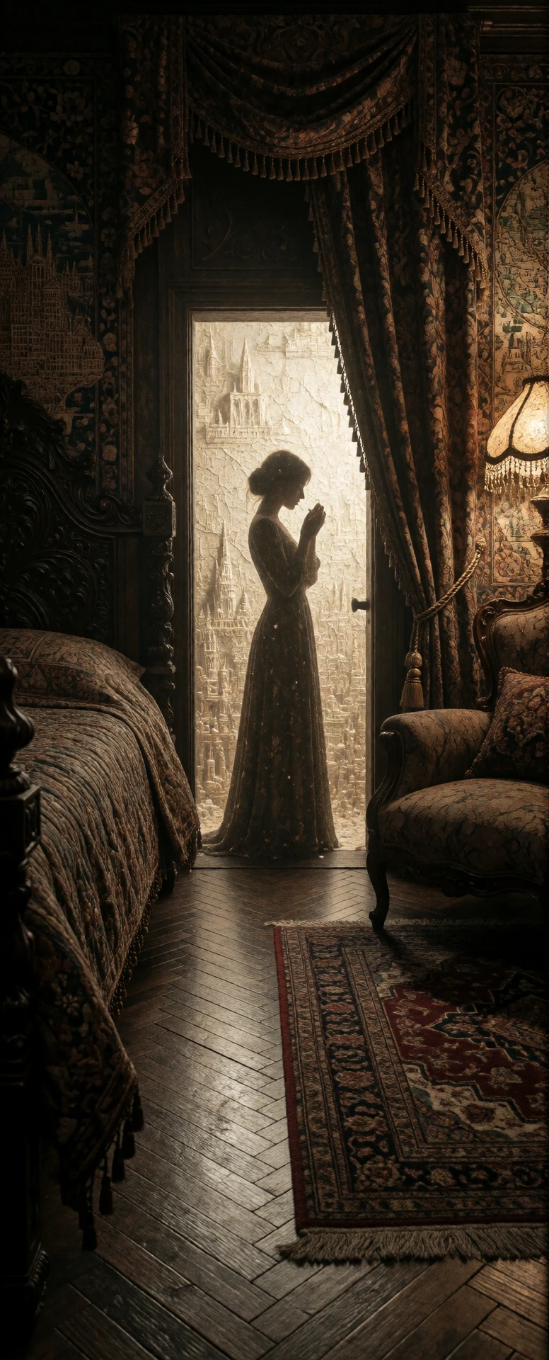An ultra-long, narrow vertical cinematic portrait composition (9:21 aspect ratio), capturing an intimate, dark vintage bedroom with microscopic detail that becomes visible upon zooming. A single woman stands centered in a bright, textured, back-lit d