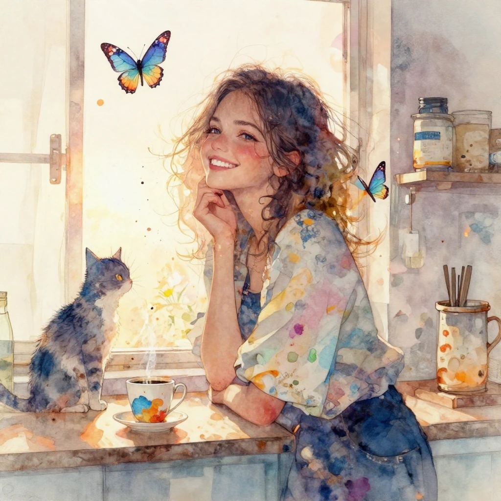 Beautiful happy woman in the kitchen in the morning. Cat coffee window sunrise, colorful watercolor, butterflies