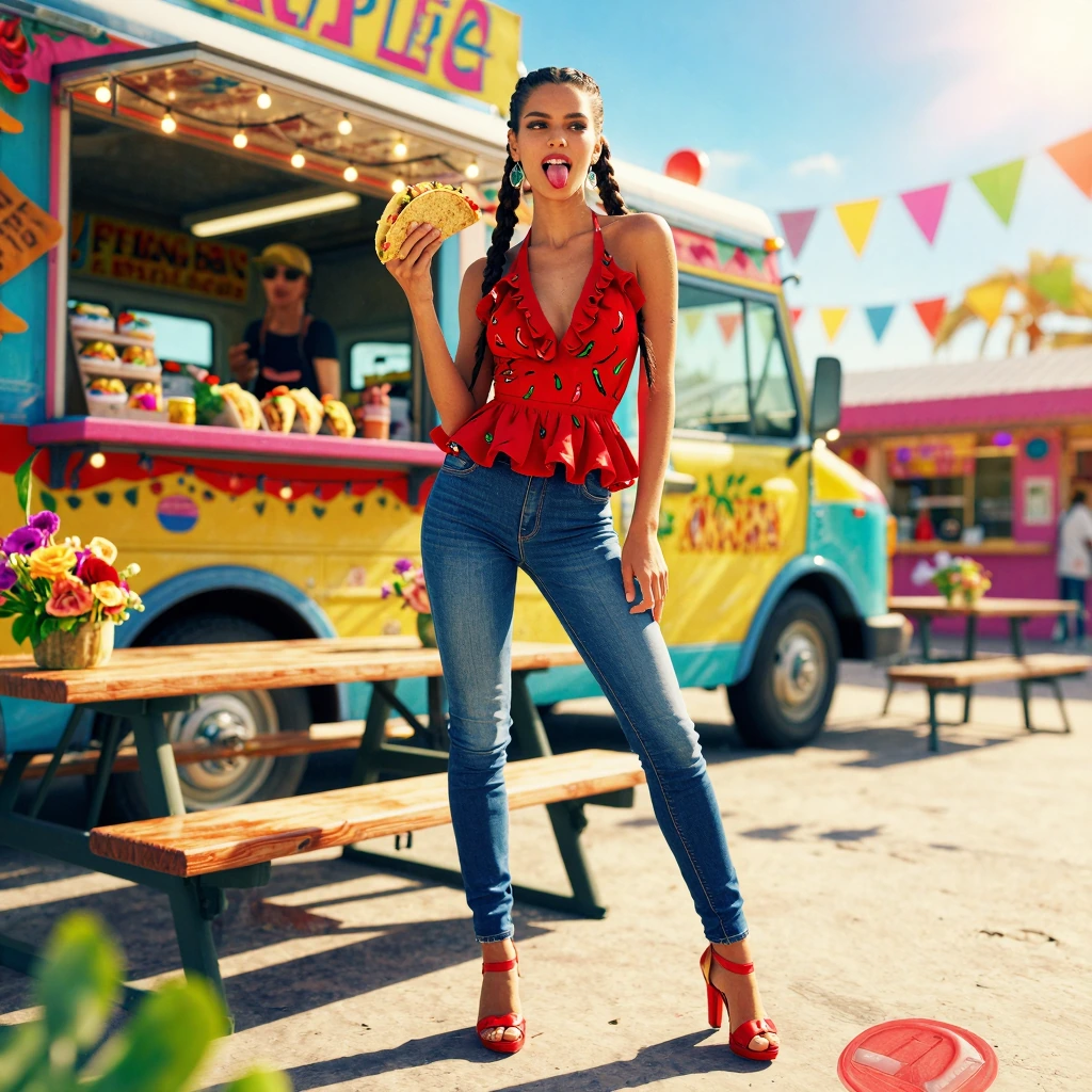 A vibrant, playful fashion editorial scene on a bright sunny afternoon. A beautiful brunette with long pigtail braids stands confidently beside a colorful taco truck, wearing a stylish red chili pepper-print halter top with elegant ruffled trim aroun