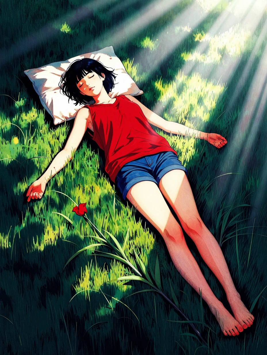 masterpiece, best quality, amazing quality, 1girl, solo, short hair, shirt, black hair, closed eyes, flower, outdoors, lying, shorts, sleeveless, bare