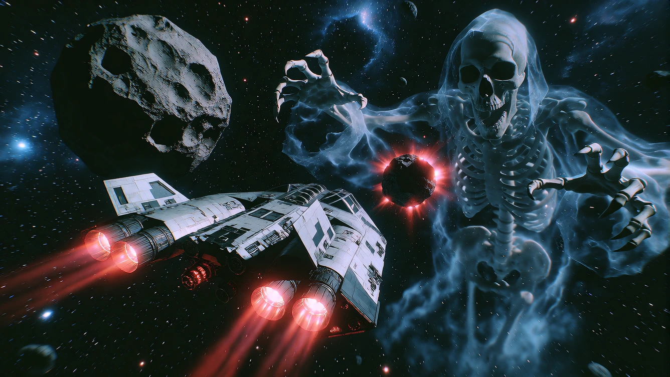 A sleek silver spacecraft hurtles through a starfield on a collision course with a jagged meteorite, its thrusters glowing red from emergency manoeuvr