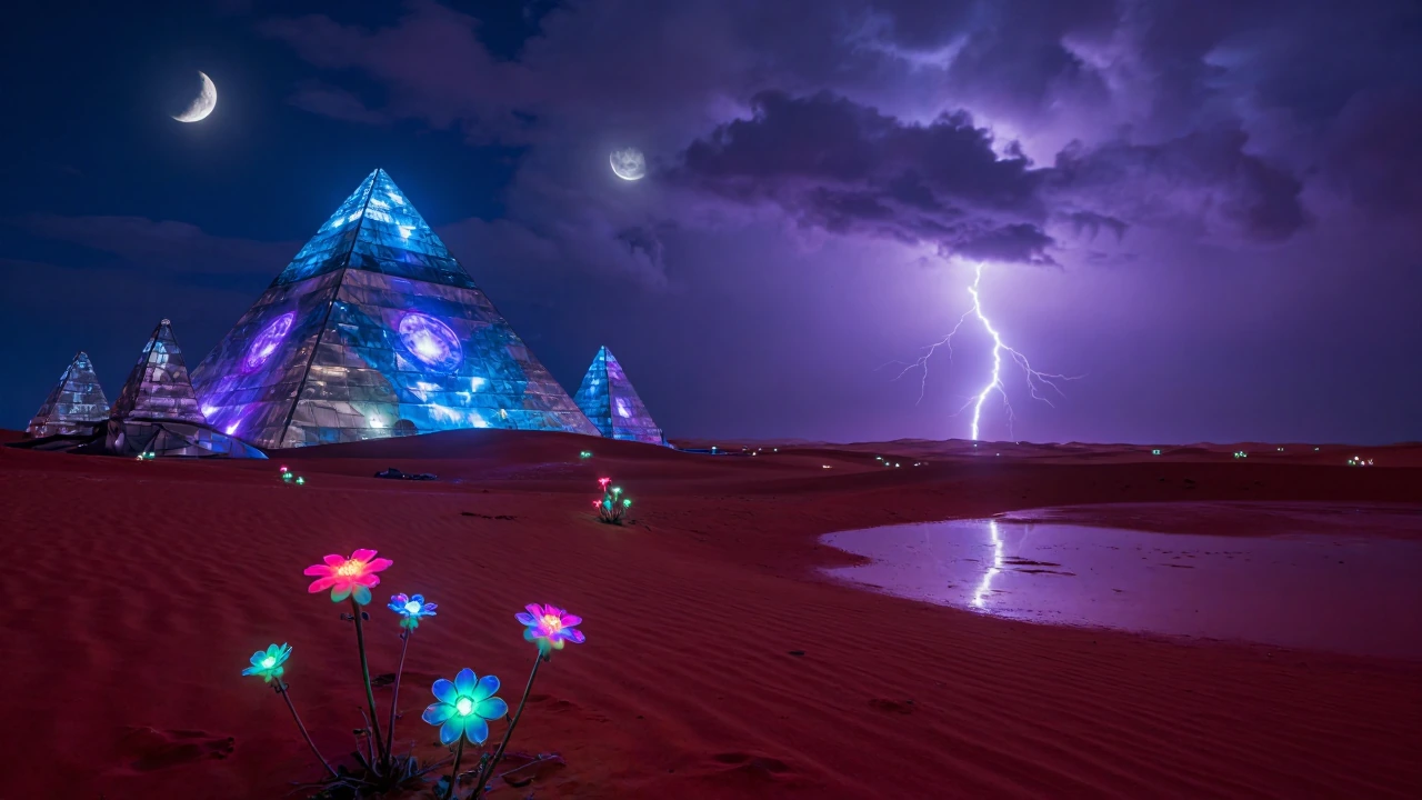 massive alien desert landscape with striking foreground of deep crimson glass-like sand reflecting the sky, small bioluminescent alien flowers in the very close foreground with otherworldly petals in neon pinks, electric blues, and glowing greens, to