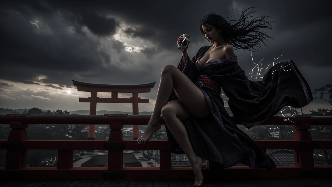 (Photorealistic, Hyperdetailed, Cinematic Lighting, 8K) Yae Miko, sly closed-eye smile, floating electro sparks, sacred temple balcony at dusk, red torii gates below, storm clouds gathering, curvy, thick thighs, black and purple ceremonial robe with 