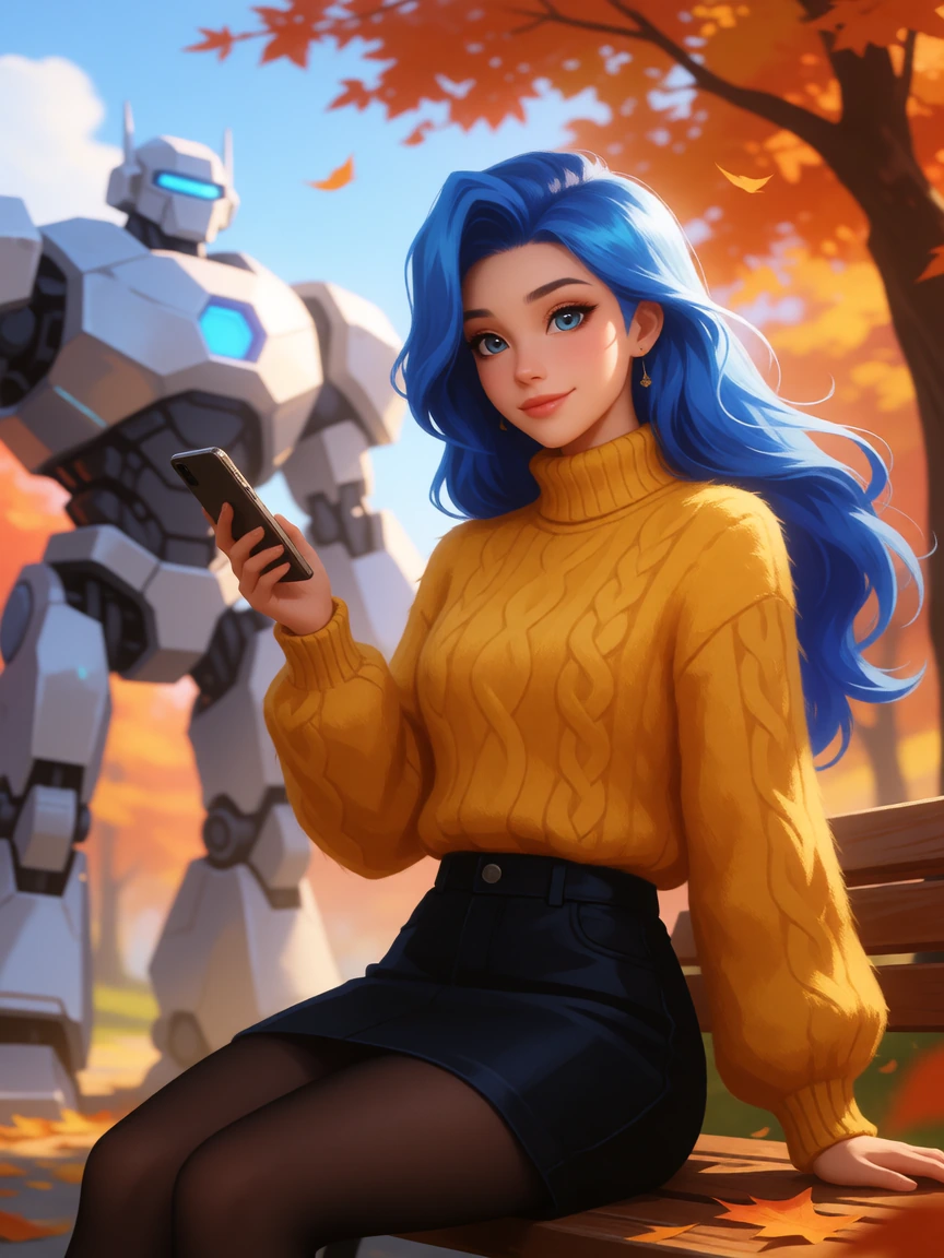 Beautiful woman blue hair, autumn park, huge robot