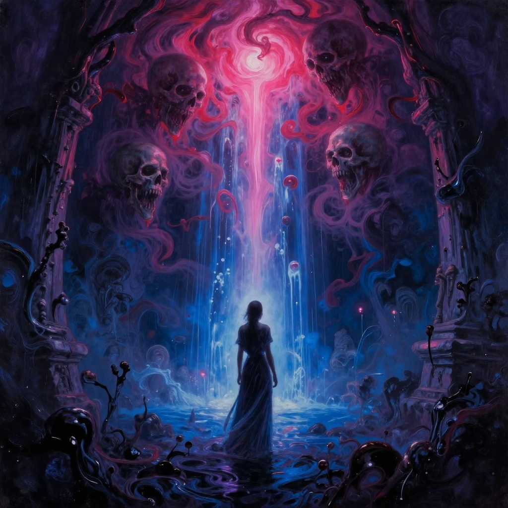 A solitary figure stands, gazing into a magenta abyss of horror with a vast blue waterfall. Skeletal faces swirl in a crimson mist and luminous fog, their hollow eyes and gaping mouths twisting in an endless vortex above her. The pale stone statue — 